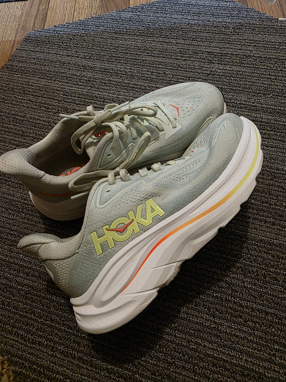 Hoka One One Running Shoes in Light Sage with Yellow Logo